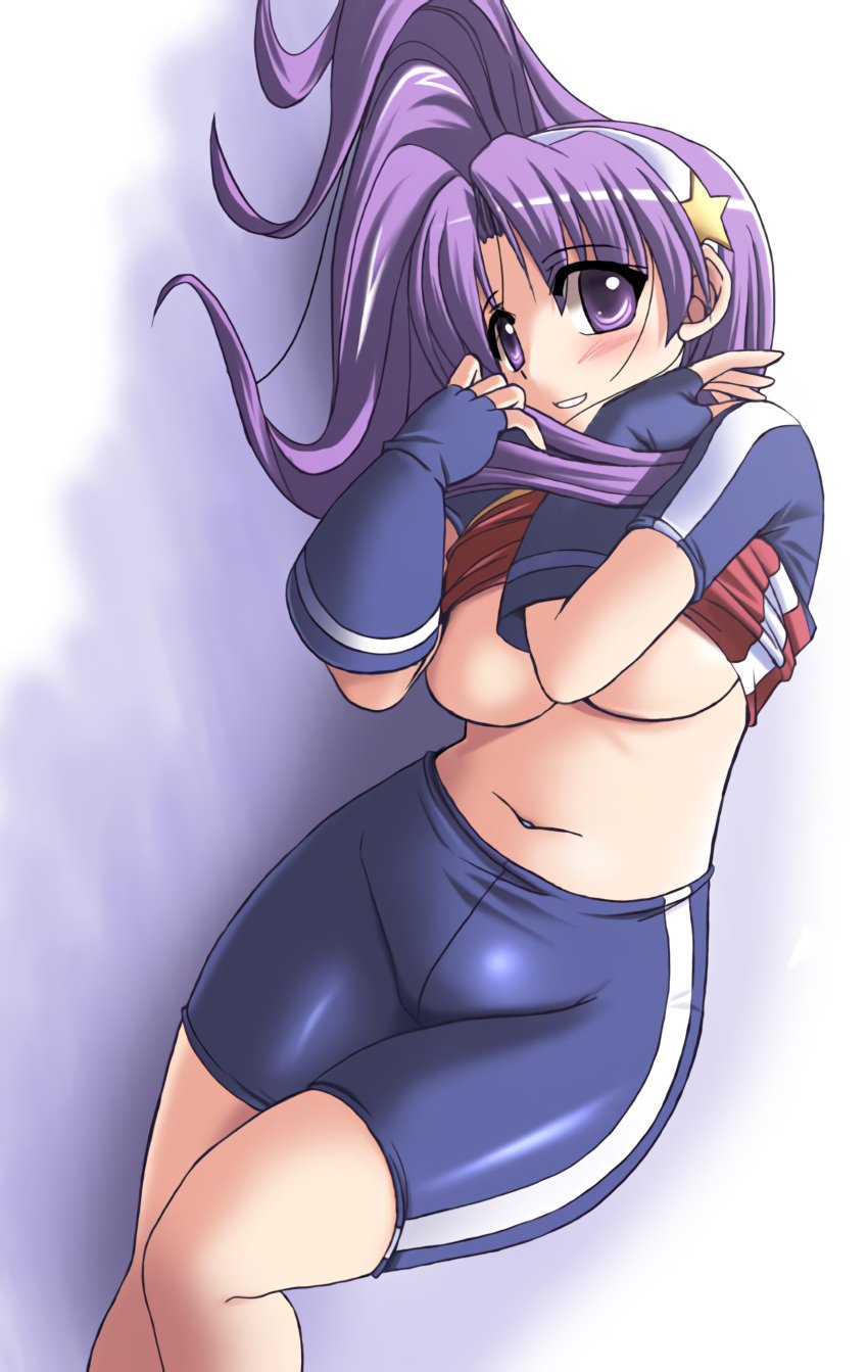 1girls athena_asamiya big_breasts bike_shorts breasts busty curvy female female_only hair_ornament hairband hi_res hip_focus king_of_fighters large_breasts legs long_hair looking_at_viewer lying midriff navel on_side purple_eyes purple_hair smile snk solo star_(symbol) star_hair_ornament thighs tonpuu underboob wide_hips