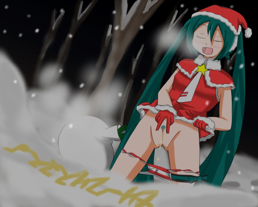 bag hatsune_miku needs_tags outside panties panties_around_leg peeing peeing_on_ground pussy red_panties sack santa_costume santa_hat snow striped_panties tagme toro_r18 urinating urination urine urine_stream vocaloid yellow_snow