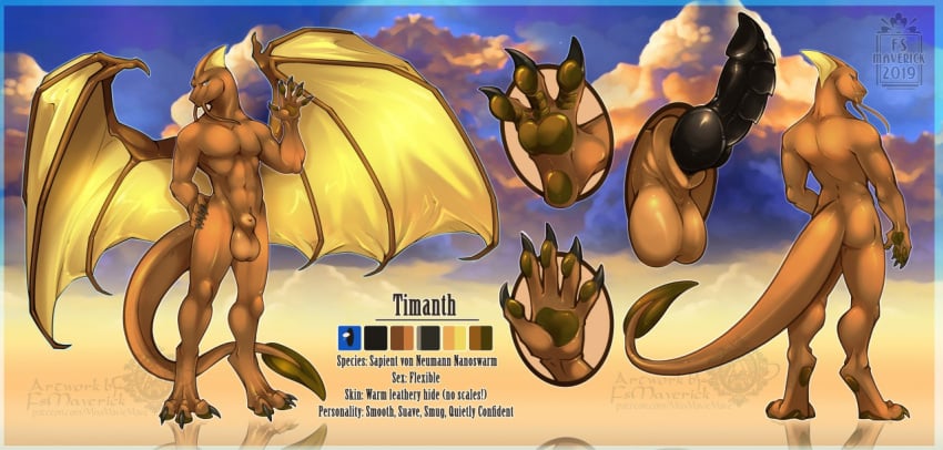 2019 3_toes 5_fingers animal_genitalia anthro ass balls black_penis brown_body brown_pawpads brown_skin dragon english_text feet fingers genitals huge_wings humanoid_hands knot looking_at_viewer male model_sheet pawpads penis ridged_penis scalie sheath solo spade_tail text timanth toes western_dragon whiskers