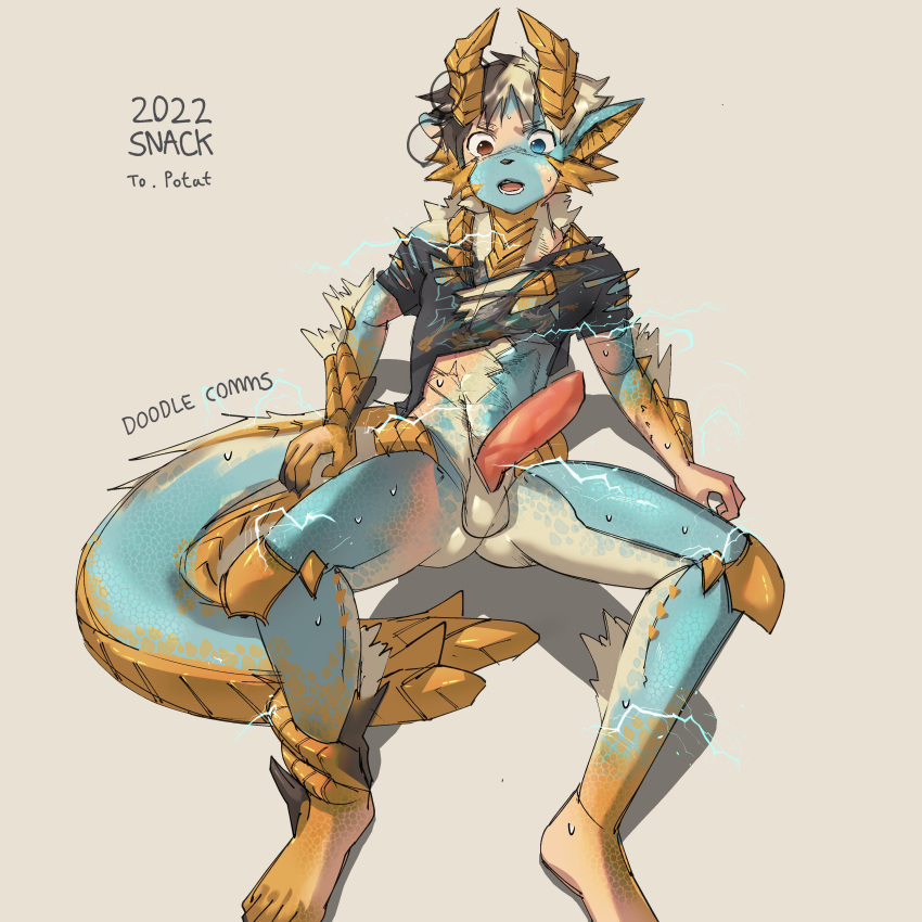 absurd_res anthro artist_request balls biped blue_body blue_eyes brown_eyes capcom clothed clothing countershade_legs countershading electricity erection fanged_wyvern furry_sb genitals hair heterochromia hi_res horn human_to_anthro male male_only mid_transformation monster_hunter open_mouth partially_clothed penis shirt solo species_transformation topwear torn_clothing torn_shirt torn_topwear transformation video_games zinogre