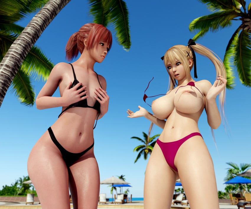 2girls 3d accidental_exposure alternate_breast_size areolae attribute_theft avstral big_breasts bikini bikini_snap blender_(software) blonde_female blonde_hair blue_eyes breast_expansion breast_reduction breasts broken_bikini dead_or_alive dead_or_alive_5 female female_only hair_ribbon honoka_(doa) huge_breasts long_hair marie_rose open_mouth palm_tree pink_eyes pink_hair ponytail small_breasts standing summer twintails wardrobe_malfunction x_hair_ornament