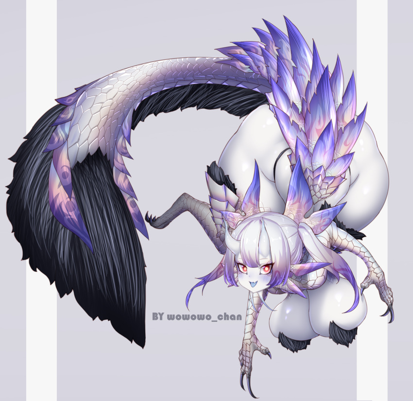 animal_humanoid anthro big_breasts blue_body breasts capcom claws covered_breasts female fur hair hi_res huge_breasts humanoid leviathan_(mh) mizutsune monster_hunter red_eyes scales scalie solo video_games violet_mizutsune white_body white_hair wide_hips wowowo