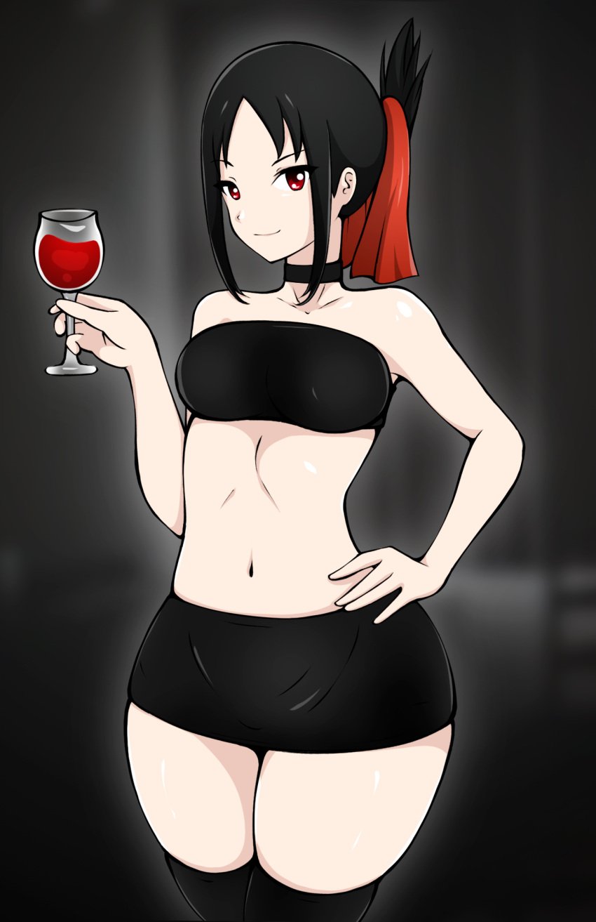 1girls absurd_res alternate_costume belly_button black_gloves black_hair black_skirt black_stockings black_topwear blurry_background choker exposed_midriff hair_ribbon high_resolution hips kaguya-sama_wa_kokurasetai_~tensai-tachi_no_renai_zunousen~ latex_gloves light-skinned_female light_skin long_gloves looking_at_viewer miniskirt red_eyes red_wine redraw shinomiya_kaguya short_skirt smile solo standing stockings thick_thighs thighhighs tubetop wide_hips wine wine_glass zonen404