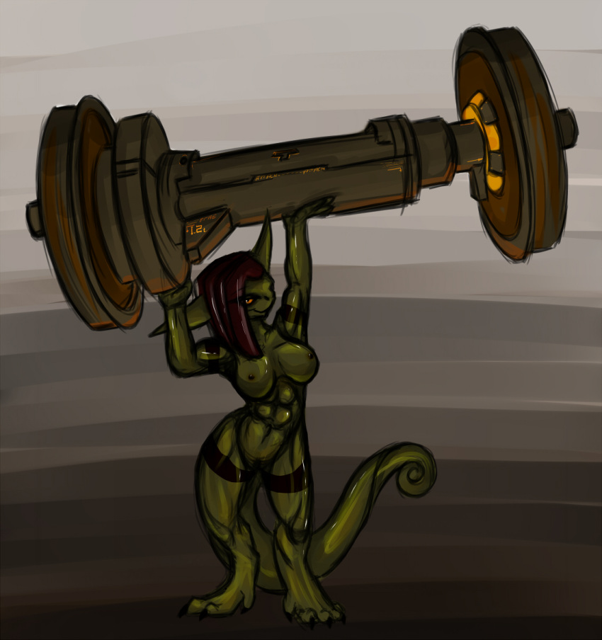 2014 abs aiden_(gekko) anthro big_breasts black_markings breasts brown_hair digital_media_(artwork) female gekk0 green_body green_skin hair hi_res holding_object lizard markings muscular muscular_anthro muscular_female muscular_legs nipples non-mammal_breasts orange_eyes reptile scalie solo standing