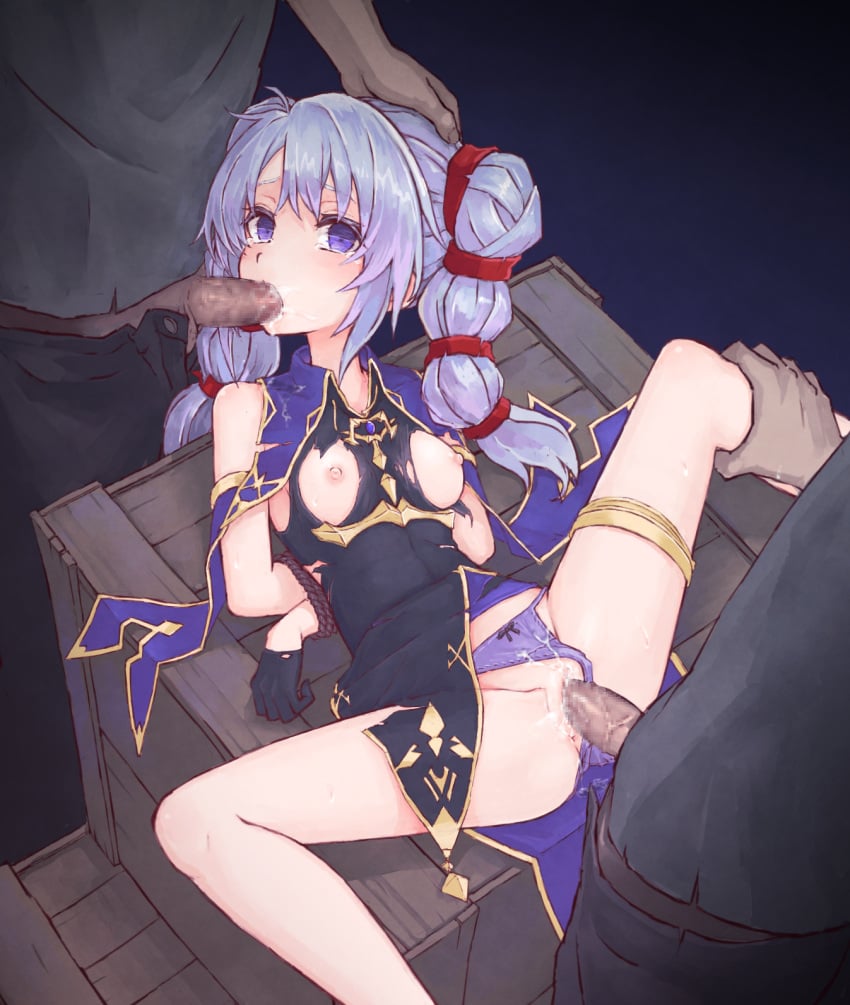 1girls 2boys arms_behind_back bare_legs blue_hair bondage bound bound_wrists breasts censored clothing_aside crying crying_with_eyes_open cum cum_in_mouth cum_in_pussy cum_inside double_penetration female female_focus fire_emblem fire_emblem:_genealogy_of_the_holy_war gangbang gangrape ikasumi_(user_gsgn4323) irrumatio leg_grab legs male medium_hair mmf_threesome multiple_boys multiple_rapists nintendo nipples oral panties panties_aside purple_eyes purple_panties pussy rape restrained sepia_(kilikasumi) sex small_breasts small_penis spitroast spread_legs threesome tine_(fire_emblem) torn_clothes twintails underwear vaginal_penetration