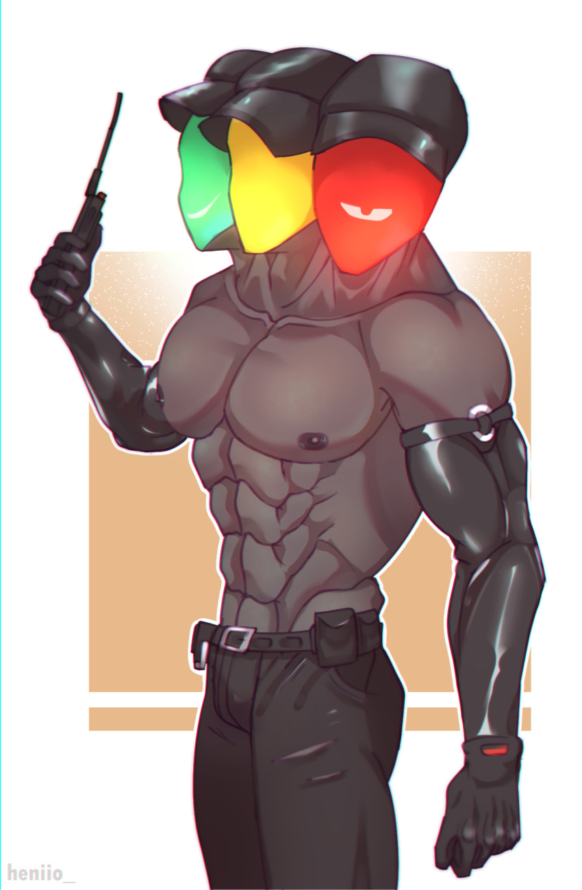 1boy 3_heads abs cap conjoined gloves hat headwear heniio looking_at_viewer male male_focus male_only multi_head muscles muscular muscular_male nipples object_head original_character pecs smile solo solo_focus traffic_light