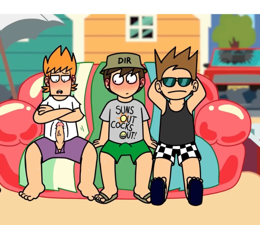 2022 brown_hair edd_(eddsworld) eddsworld edit ginger_hair heatwave humid matt_(eddsworld) on_couch open_mouth penis_out_of_shorts staring_at_penis sweating tagme tom_(eddsworld)