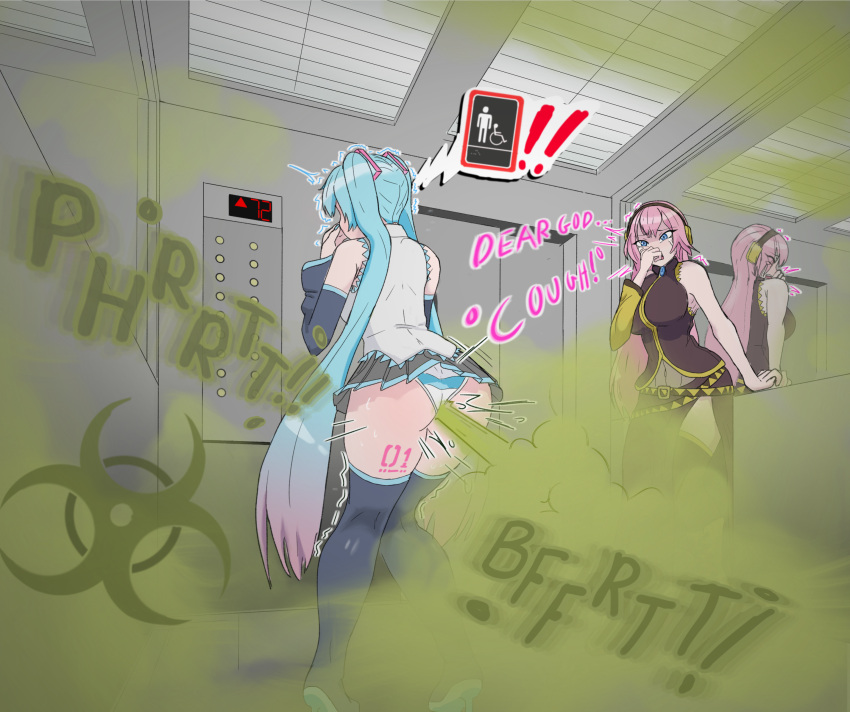 2girls aqua_hair blue_eyes desperation elevator fart gassy hand_over_mouth hatsune_miku megurine_luka multiple_girls pink_hair pyrosinical scat_desperation shimapan skirt smell striped_panties thighhighs vocaloid