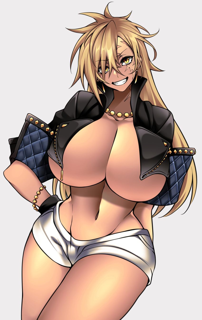 1girls bare_midriff big_breasts blonde_female blonde_hair booty_shorts bracelet breasts breasts_bigger_than_head breasts_out buff cameltoe camui_kamui_(hz_666v) cleavage collarbone covered_nipples crossed_legs cute ear_piercings earrings female female_only gold gold_(metal) gold_jewelry gyaru hair_over_eyes hand_behind_back hand_on_hip hi_res highres hips huge_breasts jacket jacket_open jewelry large_breasts long_hair looking_at_viewer messy_hair midriff muscular muscular_female navel navel_line necklace no_bra original rolled_up_sleeves scar_across_eye scars scars_on_face seductive short_shorts shorts skimpy skimpy_clothes slim_waist smile smiling smiling_at_viewer solo stitched stitched_face tan-skinned_female tan_skin teeth teeth_showing thick_thighs thighs thin thin_waist tomboy toned toned_female toned_stomach top_heavy underboob vecky_(camui_kamui) voluptuous waist wide_hips yellow_eyes