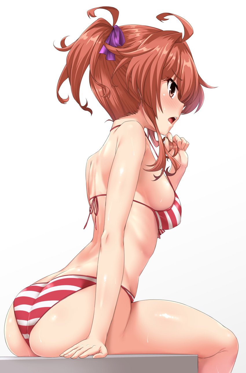 absurdres ahoge arashi_(kantai_collection) ass bikini blush breasts female hair_ribbon highres kantai_collection medium_breasts medium_hair open_mouth ponytail red_hair ribbon sitting solo striped striped_bikini swimsuit thighs wet white_background yellow_eyes yoshi_tama