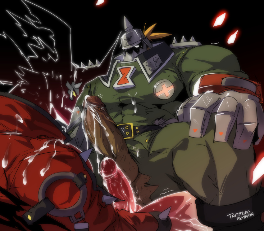 after_anal after_orgasm after_sex balls bara big_balls big_muscles big_penis boner cum dragon_install erection fully_clothed gay guilty_gear helmet male male_only muscles muscular penis potemkin ripped_clothing sol_badguy sol_badguy_(dragon_install) spread_legs tamazukiakiyama