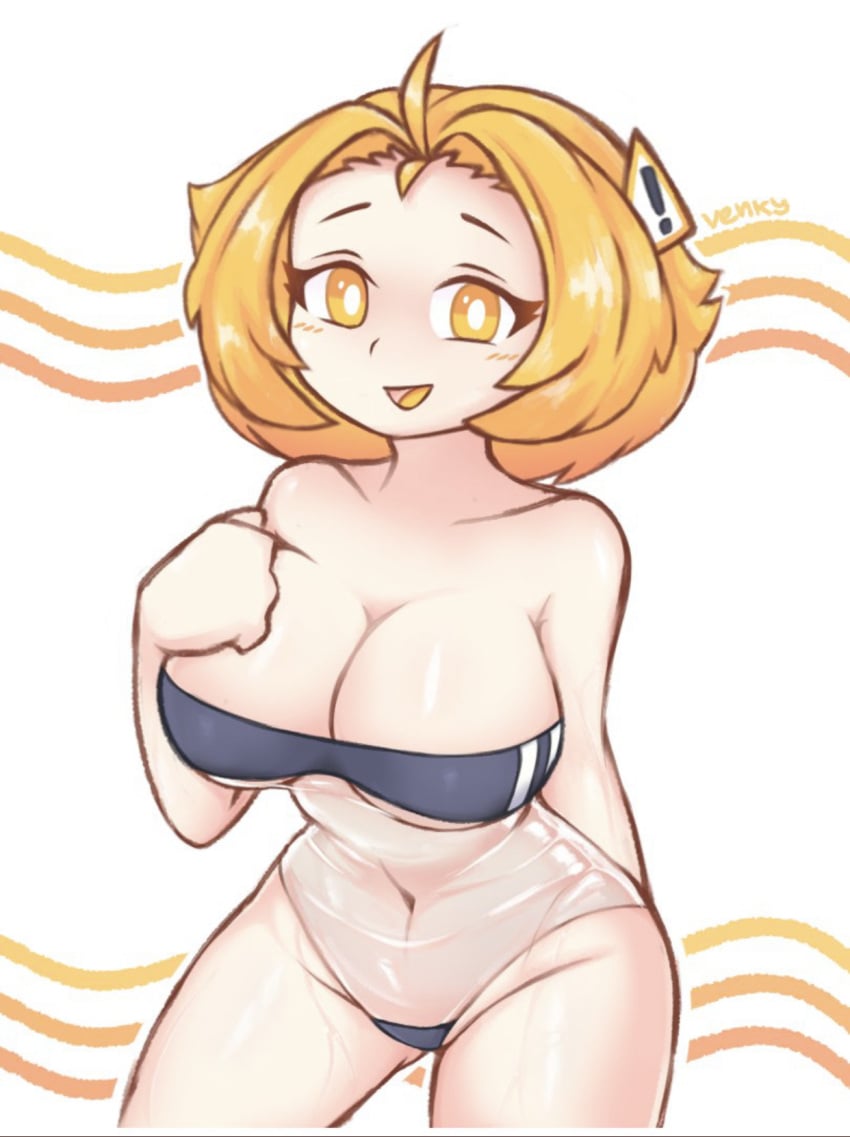 1girls big_ass big_breasts danger_sign hand_behind_ass hand_on_breast light_blush see-through_clothing solo solo_focus swimsuit venky yellow_eyes yellow_hair yellow_tongue