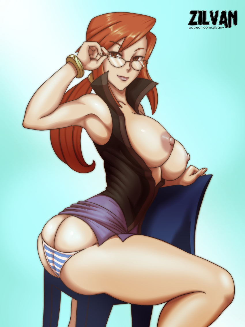 1girls areolae ass ass_cleavage big_ass big_breasts big_butt boobs_and_butt_pose breasts breasts_out butt_crack chair elite_four female game_freak glasses huge_breasts looking_at_viewer looking_back lorelei_(pokemon) lorelei_(pokemon_frlg) nintendo nipples panties pokemon pokemon_(game) pokemon_rgby ponytail red_hair sitting sitting_backwards sitting_on_chair skirt skirt_lift smile thick_thighs thighs zilvan