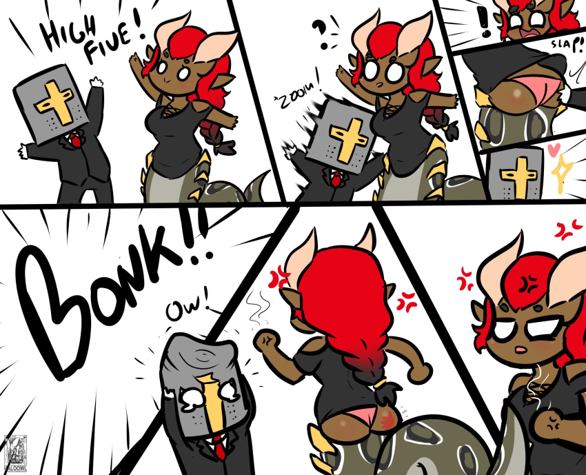 ass_slap butt_slap comic commission dark-skinned_female dark_skin deus_(mr_deus_vult) greathelm haloowl hand_print_on_ass helmet high_five horns lamia medieval_armour mr_deus_vult nambi_(mr_deus_vult) original red_tie tuxedo