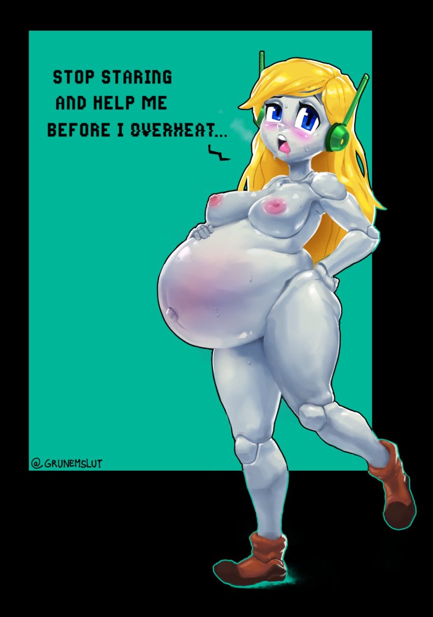 breasts cave_story curly_brace english_text female grunemslut naked naked_footwear naked_with_shoes_on nude pregnant ready_to_pop robot robot_girl sweat text visible_breath