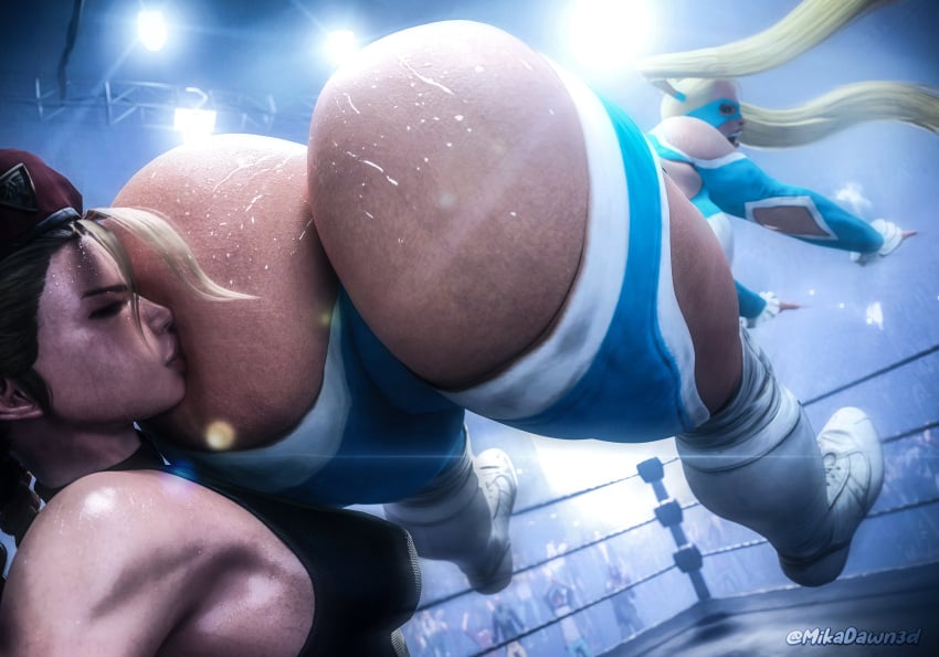 2girls 3d 3d_(artwork) beret blonde_hair blue_clothing boots bubble_butt cammy_white capcom crowd female female_only hip_attack huge_ass kissing kissing_ass large_breasts lips long_hair midair mikadawn rainbow_mika spotlight stage_lights street_fighter street_fighter_v sweat thick_thighs twintails white_footwear wrestling wrestling_outfit wrestling_ring