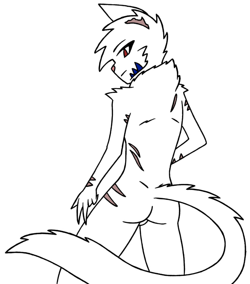 anthro ass balls blue_stripes fur genitals hi_res male miksu4542 neck_tuft notched_ear rear_view red_eyes scars_all_over solo stripes tuft white_body white_fur