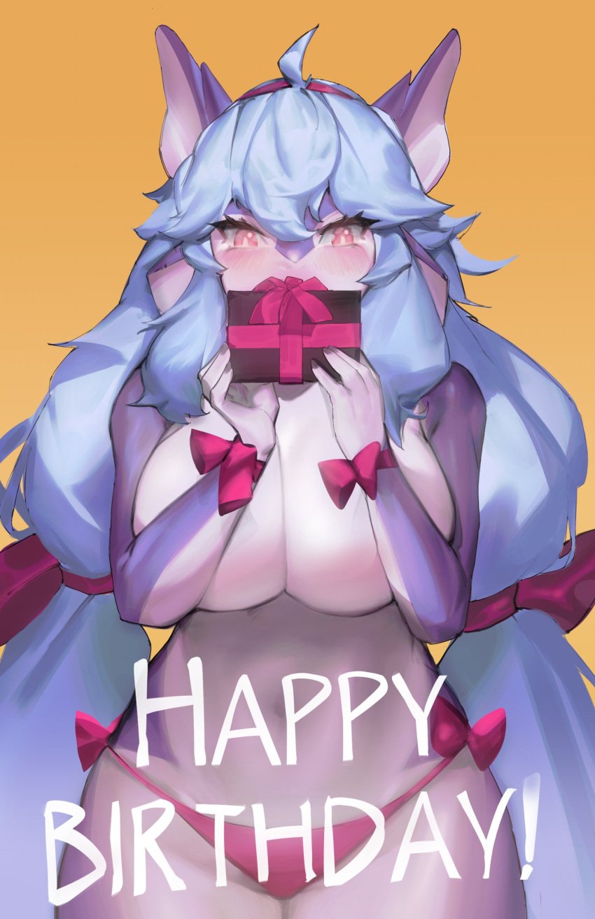 1girls anthro aruri_(whooo-ya) big_breasts birthday_gift blue_hair blush breasts covered_nipples dragon female female_only fins gift_box happy_birthday hi_res long_hair looking_at_viewer marine orange_background panties pink_eyes solo topless twintails very_long_hair woobin94