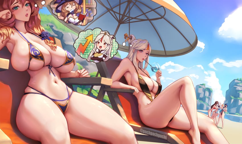 6+girls alternate_costume arm_rest bangs beach beach_chair beach_umbrella beidou_(genshin_impact) big_breasts bikini black_one-piece_swimsuit blonde_hair blue_bow blue_hair blue_one-piece_swimsuit blue_shirt blue_sky book bookshelf bored bow breasts brown_hair chair china_dress chinese_clothes cleavage cloud cup dress drinking_glass drinking_straw drinking_straw_in_mouth faceless faceless_female female female_only flower front-tie_bikini_top front-tie_top genshin_impact gold_one-piece_swimsuit green_eyes grey_hair hair_bow hair_flower hair_ornament hair_stick hat head_rest hi_res high-waist_shorts highres holding holding_book holding_cup huge_breasts imagining jean_(genshin_impact) jean_(sea_breeze_dandelion)_(genshin_impact) jean_gunnhildr knee_up large_breasts lisa_(genshin_impact) long_hair meme micro_bikini multiple_girls navel ningguang_(genshin_impact) ocean official_alternate_costume on_chair one-piece_swimsuit pachpachpach pachpachpachi parasol parted_bangs parted_lips ponytail purple_bikini purple_dress purple_headwear reading red_bikini red_eyes rock shenhe_(genshin_impact) shirt short_hair short_shorts shorts sideboob sitting skindentation sky sling_bikini slingshot_swimsuit stonks_(meme) swimsuit tassel tassel_hair_ornament teacup thick thick_thighs twitter_username two-tone_swimsuit umbrella voluptuous white_hair white_shorts witch_hat yelan_(genshin_impact)