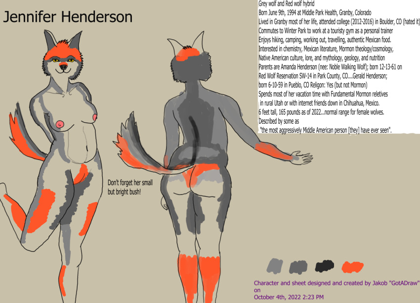 1girls 25:18 anthro areola ass big_butt breasts canid canine canis english_text female female_only fur_pattern genitals gotadraw hands_behind_back jennifer_(gotadraw) mammal markings model_sheet navel nipples no_shading pubes pussy raised_leg red_wolf solo solo_female tail tail_markings text thick_thighs wolf yellow_eyes