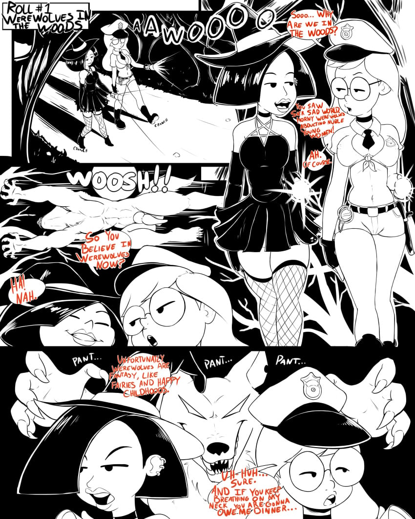 big_breasts breasts choker comic comic_page daria daria_morgendorffer elbow_gloves erection glasses gloves imminent_sex jane_lane monochrome police_hat police_uniform slashysmiley speech_bubble werewolf witch_costume witch_hat