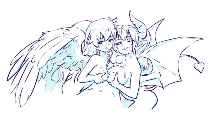 1boy 2girls angel_and_devil angel_wings aogami ass between_breasts breast_grab breasts commentary cum cum_on_body demon_horns demon_wings ejaculation erection faceless grabbing head_out_of_frame heart heart_tail highres horns line_art looking_at_viewer medium_breasts multiple_girls original simple_background tail teeth wings