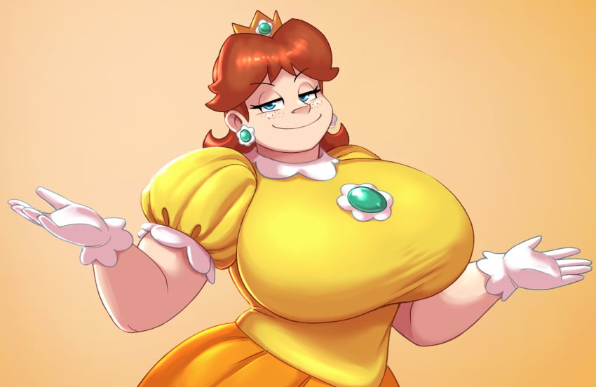 big_biceps blue_eyes brown_hair chubby chubby_female cocky cocky_smile crown earrings fimif freckles freckles_on_face gloves huge_breasts mario_(series) muscular muscular_female nintendo princess princess_daisy puffy_sleeves royalty shrugging smile smiling smiling_at_viewer smirk smug strongfat white_gloves wide_hips