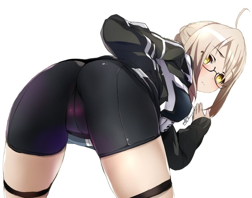 1girls 2017 ahoge artoria_pendragon bent_over bike_shorts black-framed_eyewear black-framed_glasses blonde_hair blush cameltoe clothing cowboy_shot dark_persona embarrassed fate/grand_order fate_(series) glasses highres hooded_jacket leaning_forward mysterious_heroine_x_(alter) semi-rimless_eyewear shimeji_nameko thigh_strap thighs yellow_eyes