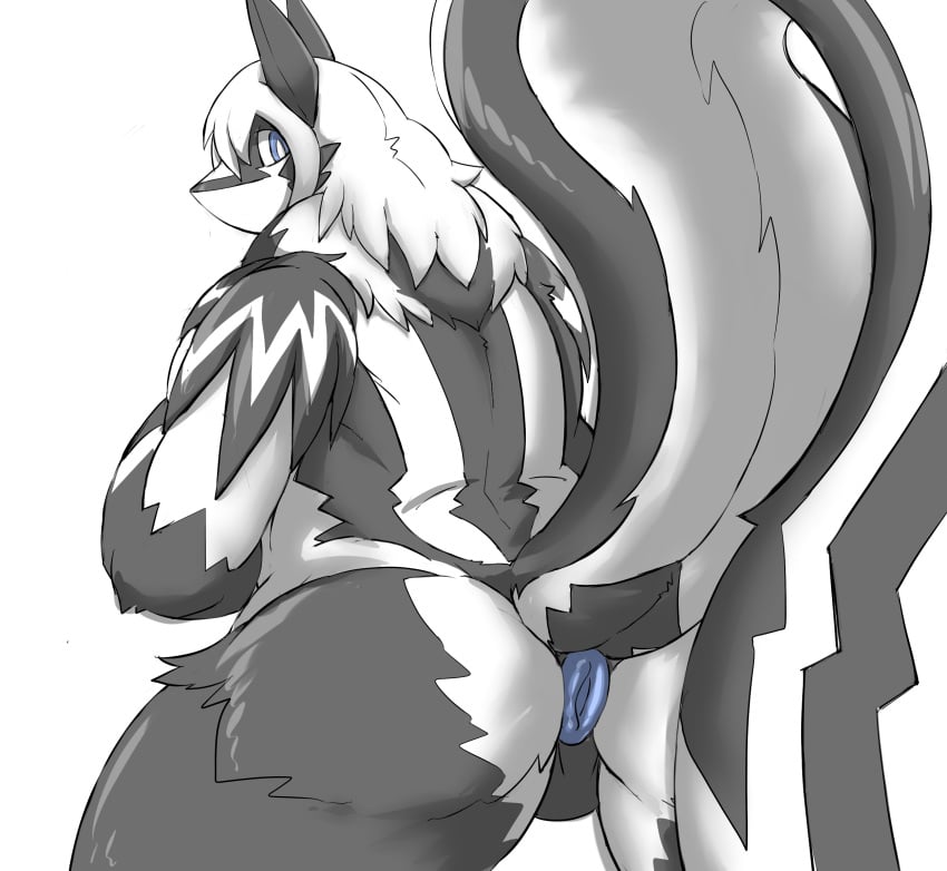 ambiguous_gender anthro anus ass black_body black_fur blue_anus blue_eyes fur hi_res looking_back mammal mephitid presenting presenting_hindquarters sakamata simple_background skunk solo standing white_body white_fur