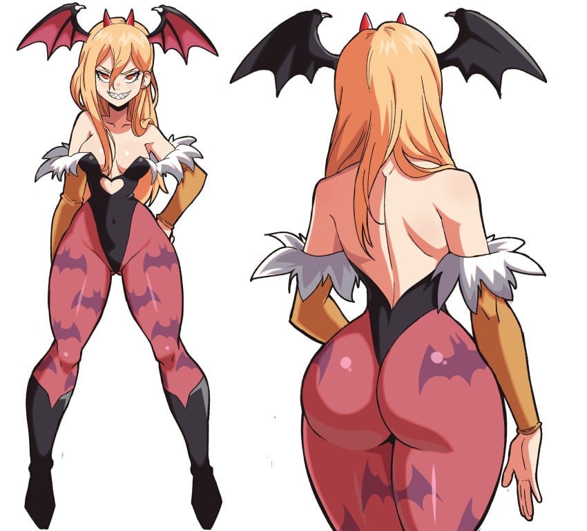 1girls ass back_view bat_wings big_ass big_butt blonde_hair boots butt chainsaw_man clothing cosplay darkstalkers demon_girl demon_horns female female_focus female_only horns leotard light_skin mg99 morrigan_aensland_(cosplay) orange_eyes pantyhose power_(chainsaw_man) small_breasts smile solo standing thick_thighs thighs