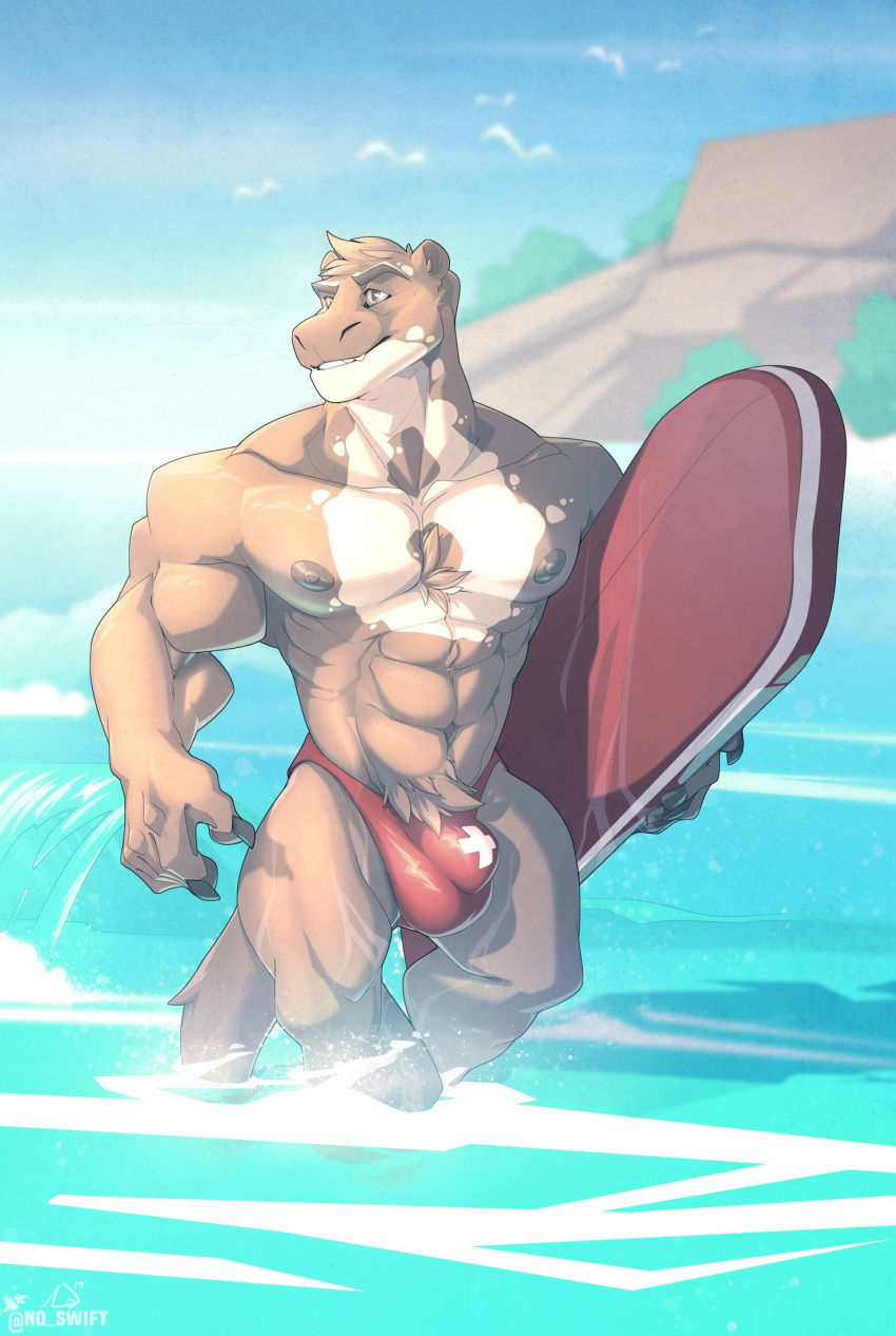 2019 5_fingers abs anthro balls_outline beach big_bulge big_muscles black_claws brown_body brown_eyes brown_fur brown_nipples bulge chest_tuft claws clothed clothing detailed_bulge fingers friday_(friday_otter) fur genital_outline giant_otter hi_res humanoid_hands lifeguard looking_aside lutrine male male_only mammal mottled mottled_body mottled_fur muscular muscular_anthro muscular_male mustelid navel nipples no_swift outside pecs penis_outline pubes river_otter seaside smile solo speedo speedo_only standing surfing swimwear teeth topless tuft water whiskers