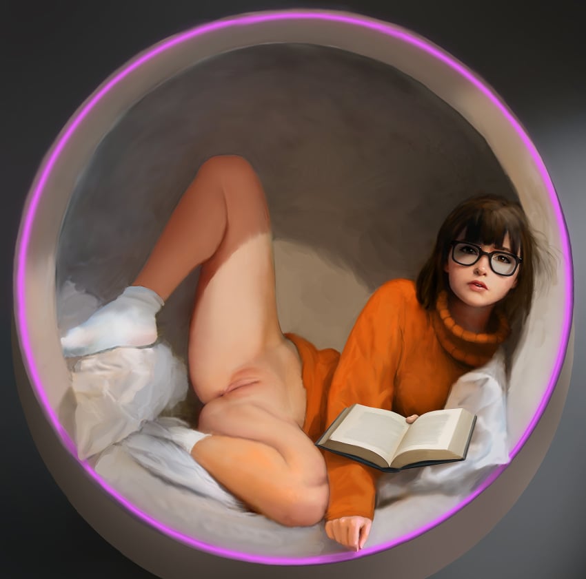 1girls anus armchair bangs bottomless brown_hair casual chair clothing egg_chair eyewear feet female female_only glasses half-closed_eyes hanna-barbera human light_skin looking_at_viewer medium_breasts medium_hair no_panties open_mouth painting_(artwork) pale_skin panties pinup pussy realistic scooby-doo short_hair socks solo spread_legs stahlberg steven_stahlberg sweater toes turtleneck velma_dinkley white_skin