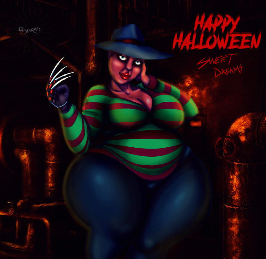 a_nightmare_on_elm_street bbw big_belly big_breasts boiler_room chubby chubby_female cosplay costume curvy curvy_female curvy_figure desiaries dream fat fedora freddy_krueger glove glowing green_eyes halloween horror huge_breasts knives lipstick rule_63 scary stripes sweater thedesiaries thick_legs thick_thighs tight_pants