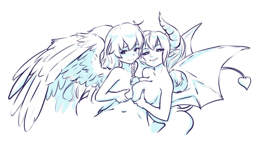 1boy 2girls angel_and_devil angel_wings aogami ass between_breasts breast_grab breasts commentary demon_horns demon_wings erection faceless grabbing head_out_of_frame heart heart_tail highres horns line_art looking_at_viewer medium_breasts multiple_girls original simple_background tagme tail teeth wings