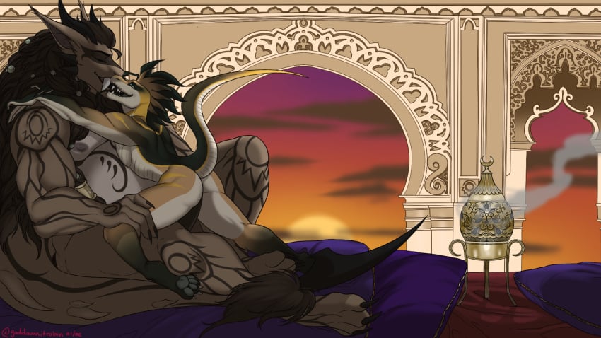 anthro duo goddamnitrobin hi_res incense kissing lying male male/male markings on_front palace penetration reptile riding scalie snake sudz sunset t'izuno tattoo varaguanis