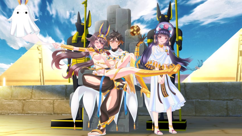 1boy 2girls :| abs alternate_costume animal_ears anubis_(mythology) bangs belly_chain black_hair blunt_bangs blush bonnet bracelet braid brown_hair cloud cloudy_sky colored_tips cowgirl_position egyptian_clothes eyeliner fate/grand_order fate/prototype:_fragments_of_blue_and_silver flower-shaped_pupils genshin_impact ghost hair_between_eyes hairband hand_on_another's_shoulder hand_up hime_cut hu_tao_(genshin_impact) jackal_ears jewelry loincloth long_hair looking_at_viewer medium_breasts medjed_(fate) medjed_(fate)_(cosplay) multiple_girls navel nefertari_(fate) nefertari_(fate)_(cosplay) nitocris_(fate) nitocris_(fate)_(cosplay) nitocris_(fate/grand_order) nitocris_(third_ascension)_(fate) one_eye_closed open_mouth outdoors outstretched_arm own_hands_together ozymandias_(fate) ozymandias_(fate)_(cosplay) purple_hair pyramid_(structure) pyramids red_eyes red_eyeshadow rock sidelocks single_earring sitting sitting_on_person sky smile star-shaped_pupils statue symbol-shaped_pupils tassel_earrings throne twintails upper_teeth vision_(genshin_impact) white_cape yellow_eyes yun_jin_(genshin_impact) zhongli_(genshin_impact)