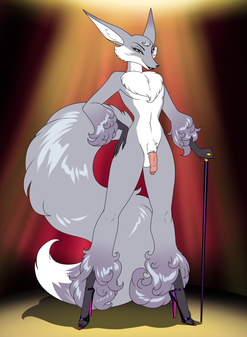 abstract_background alistair_(crovirus) anthro balls big_tail black_lips cane canid canine cheek_tuft chest_tuft claws clothed clothing crossdressing crovirus curvy_figure eyelashes facial_tuft fluffy fluffy_tail footwear footwear_only foreskin fox fur genitals girly grey_body grey_fur hand_on_hip handwear hi_res high_heels humanoid_genitalia humanoid_penis jewelry lips male mammal mostly_nude multicolored_body multicolored_fur orange_eyes penis pubes shoes shoes_only smile smirk solo spotlight tuft two_tone_body two_tone_fur uncircumcised vein veiny_penis white_body white_fur wide_hips