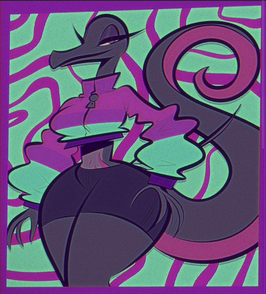 anthro baggy_clothing curvy detailed_background female female_focus female_only jacket lizard lizard_girl nintendo pokémon_(species) pokemon pokemon_(species) pokemorph retro_artstyle salazzle seductive short_shorts shorts sweater tail thick_thighs thicthighs tooni-pi