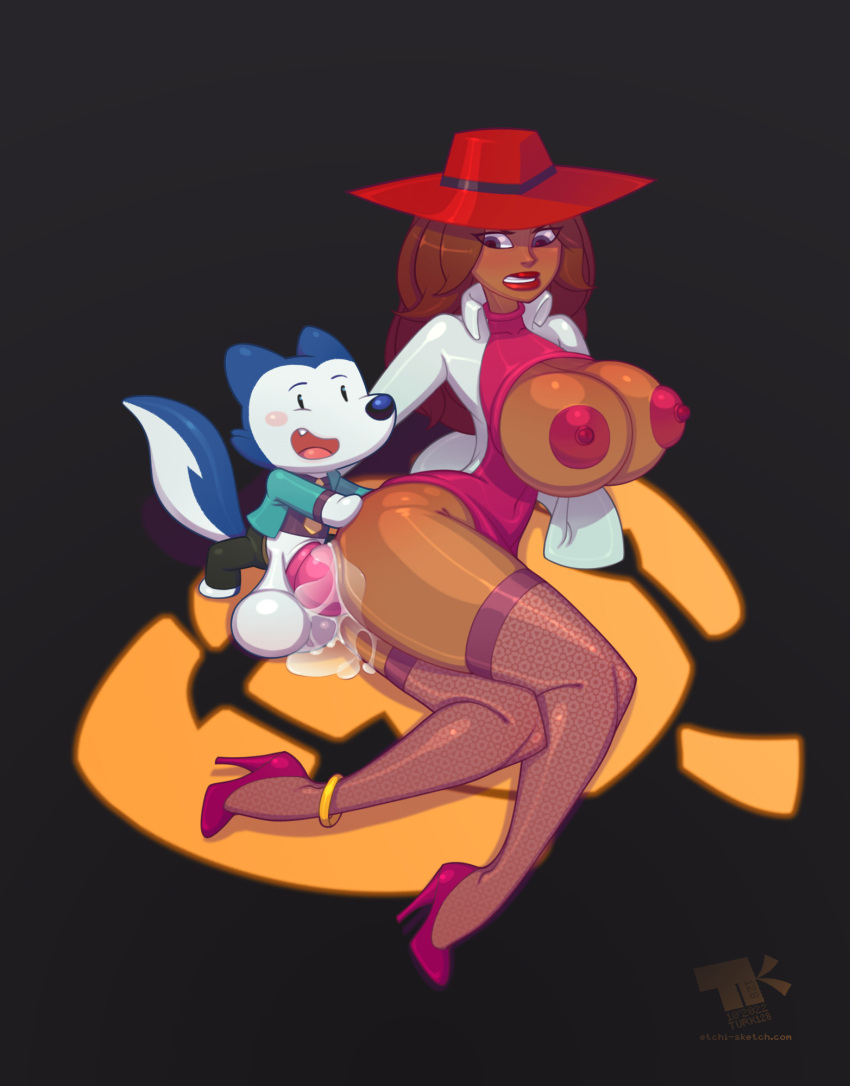 1boy 1boy1girl 1girls anal anal_penetration anal_sex anklet anthro big_hat big_head breasts_out brown_hair carmen_sandiego carmen_sandiego_(2019) chibi clenched_teeth crossover cum cum_in_ass cum_inside cum_pool cum_puddle cum_ring curvy_female cute_fang dark-skinned_female dark_skin endured_face eye_contact eyes_visible_through_hair fang female fluffy_tail full_body functionally_nude functionally_nude_female hat heels hetero heterosexual hi_res high_heels human imminent_knotting interspecies knot larger_female legwear lipstick long_hair long_legs lupin's_tales lupin_(lupin's_tales) lying lying_on_side male male/female mammal narrow_waist netflix on_side overflow pattern_legwear pattern_stockings puffy_areolae pumps purple_stockings red_dress red_footwear red_hat red_headwear red_lips red_lipstick sex_from_behind size_difference small_but_hung small_dom_big_sub smaller_male spread_ass stockings straight straight_sex tail taller_female thick_thighs thighhighs thighs_together thin_waist turk128 two_tone_fur two_tone_tail white_jacket wolf_tail xilam