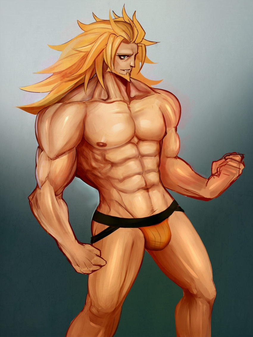 balls bara beard blonde_hair bulge facial_hair flaccid gay guilty_gear jockstrap jockstrap_only leo_whitefang long_hair male male_only muscles muscular penis scruffley solo solo_male