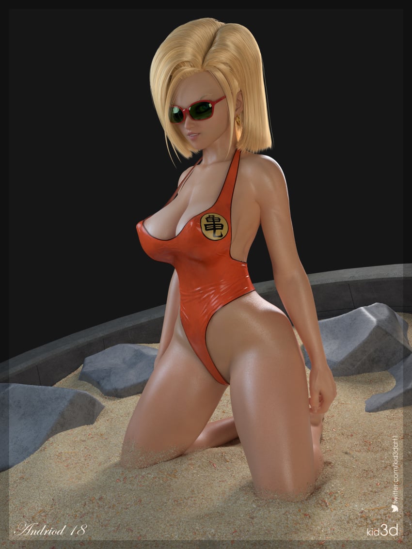 1girls 3d android_18 blonde_hair cleavage dragon_ball green-tinted_eyewear huge_breasts kid3d kneeling medium_hair one-piece_swimsuit sunglasses tinted_eyewear voluptuous