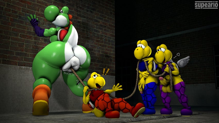 3d_(artwork) absurd_res against_surface against_wall anal anal_vore anthro anus ass balls bedroom_eyes big_anus big_butt blue_koopa_troopa bottomwear chained_together clothing digital_media_(artwork) erection exclamation_point genitals group hi_res koopa koopa_troopa looking_at_another looking_back male mario_(series) narrowed_eyes nintendo pants penis puffy_anus red_koopa_troopa rope scalie seductive sound_effects source_filmmaker supeario thick_thighs video_games vore yoshi