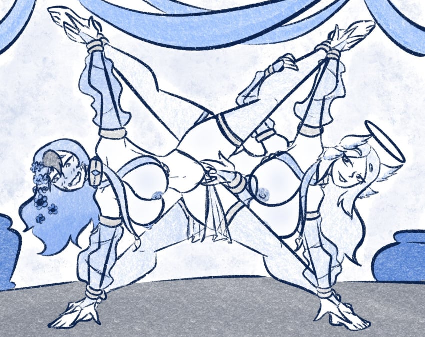 angel angela_(mr_deus_vult) dancer dancer_outfit deto_the_tiddu fingering hailey_(mr_deus_vult) halo hand_on_foot hand_on_shin mr_deus_vult multi_arm multi_limb original pose sketch wings yoga yuri