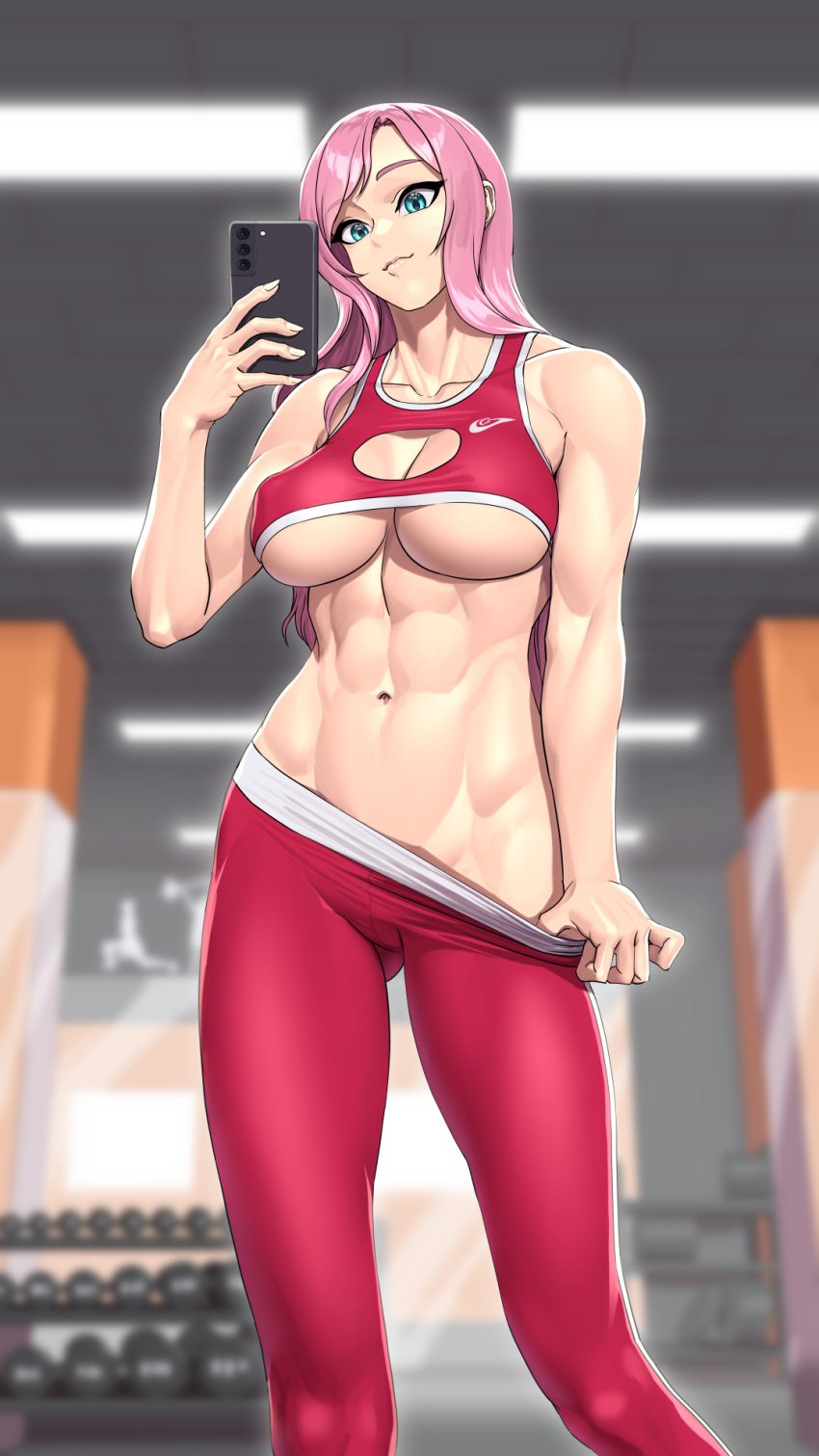 1girls abs blue_eyes breasts female female_abs fully_clothed gym gym_clothes hi_res holding_phone human large_breasts light-skinned_female lyoung0j midriff muscular muscular_female original original_character pale-skinned_female pants pants_pull pink_hair selfie solo solo_female sports_bra sportswear toned toned_female underboob yoga_pants