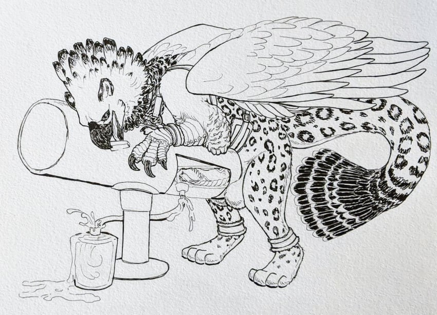 avian bite black_and_white bodily_fluids breeding_mount breeding_mount_use cum cyrus_(klutztron) excessive_cum excessive_genital_fluids feral genital_fluids gryphon male monochrome mythological_avian mythology rienkarrot solo