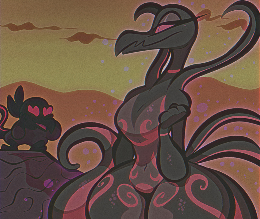 anthro cleavage curvy female female_focus female_only heart lizard lizard_girl nintendo pokemon pokemon_(species) pokemorph retro_artstyle salandit salazzle seductive tail thicthighs tooni-pi