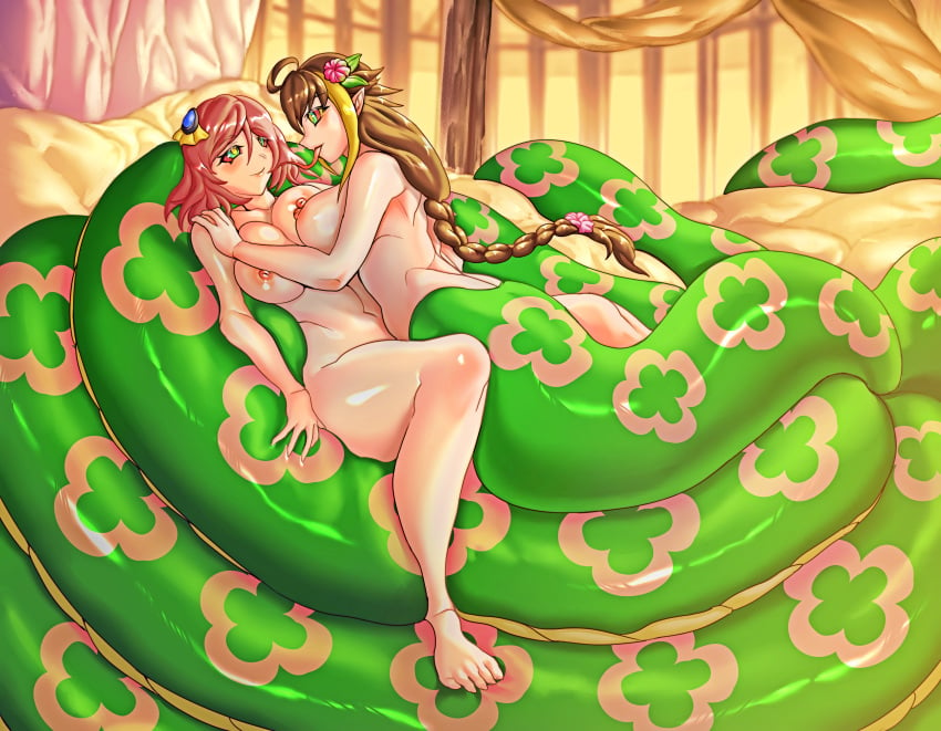 2girls blonde_hair brown_hair flower_in_hair hypnosis hypnotic_eyes lamia long_hair monster_girl multicolored_hair naga naked nude nude_female pink_hair psychowolffy snake_girl snake_tongue symmetrical_docking