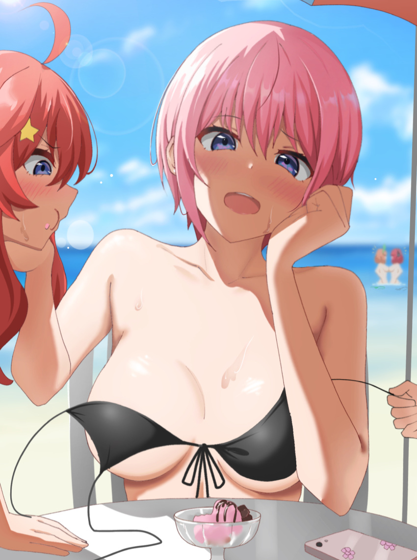 2girls angry bikini blue_eyes blush breasts eye_contact go-toubun_no_hanayome ice_cream long_hair looking_at_viewer nakano_ichika nakano_itsuki nakano_nino nakano_yotsuba pink_hair poa_mellhen purple_eyes red_hair short_hair sisters smartphone upper_body very_short_hair wardrobe_malfunction