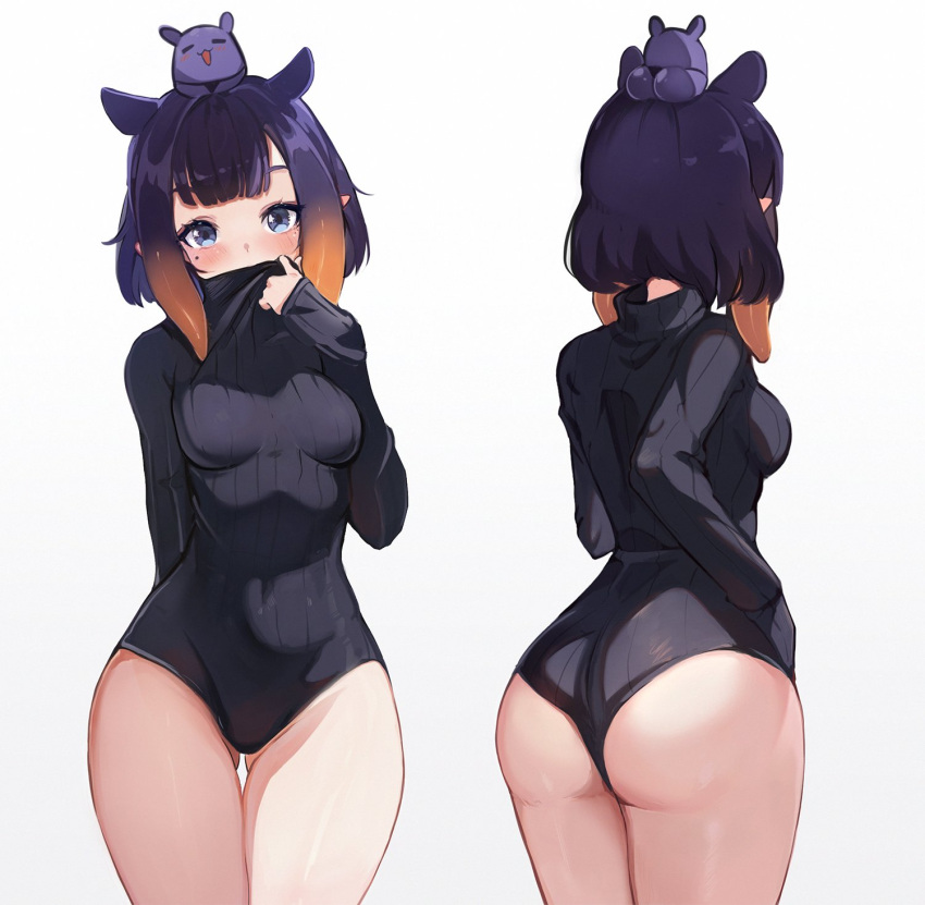 ass ass_visible_through_thighs bangs blue_eyes blush covering_mouth fan_mascot_(vtuber) female hololive hololive_english hololive_myth koahri looking_at_viewer mole ninomae_ina'nis orange_hair purple_hair simple_background sweater tako_(ninomae_ina'nis) tentacle_hair thigh_gap thighs turtleneck virtual_youtuber white_background