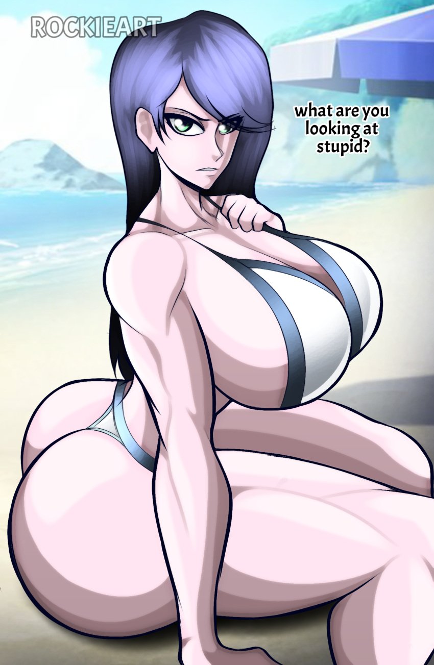 1girls annoyed beach big_ass big_breasts blue_hair brunhild_(shuumatsu_no_valkyrie) brunhilda curvy green_eyes huge_ass huge_breasts record_of_ragnarok rockie_art shuumatsu_no_valkyrie sitting waist